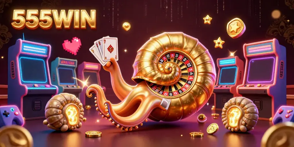 Experience thrilling gameplay with 555WIN as the nautilus holds cards in a vibrant casino scene.