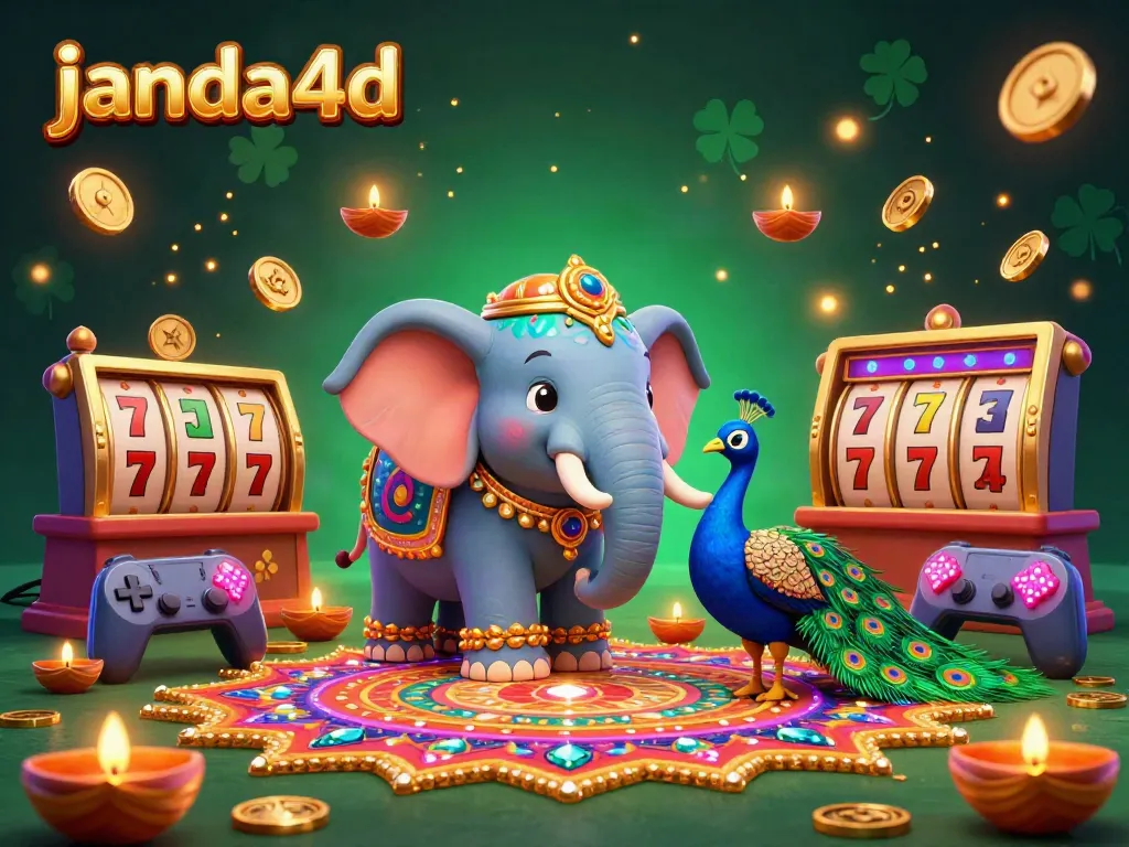 Menampilkan simbol keberuntungan di janda4d, gajah berwarna pelangi meriah dengan latar belakang kasino.