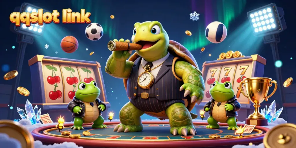 Experience the excitement of qqslot link with casino-themed characters and vibrant game elements in a dynamic 3D illustration.