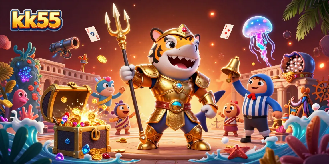 Engage with kk55's thrilling underwater gaming adventure featuring a golden shark gladiator.