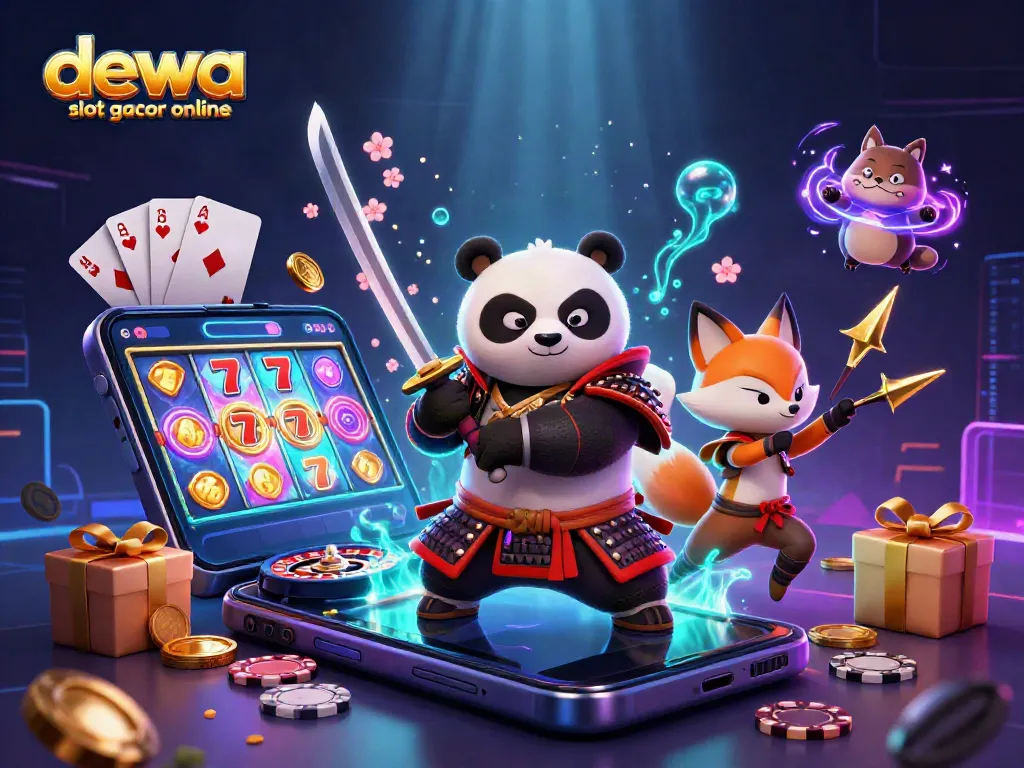 Gambaran Dewa Slot Gacor Online dengan panda samurai dan rubah ninja di tengah aksi permainan slot.