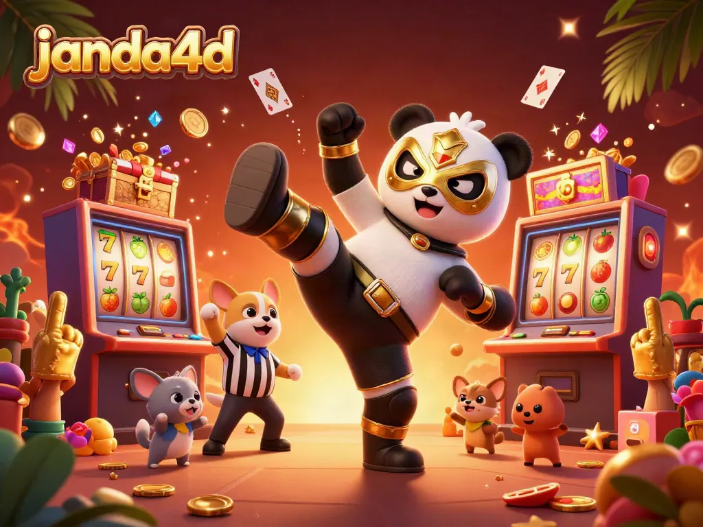 Gambar janda4d yang menunjukkan panda petarung 3D beraksi dalam lingkungan kasino yang penuh slot dan koin emas.