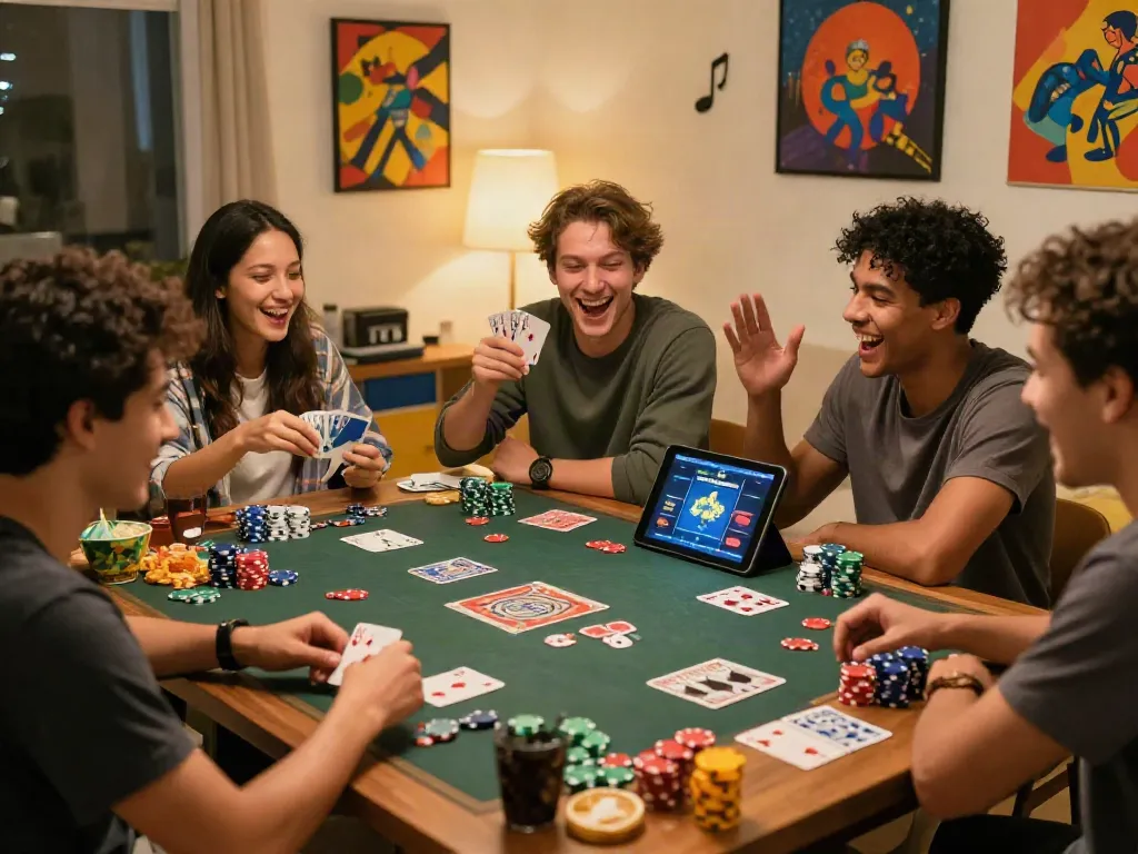 Friends excitedly playing akunjp games with poker chips and snacks at home.