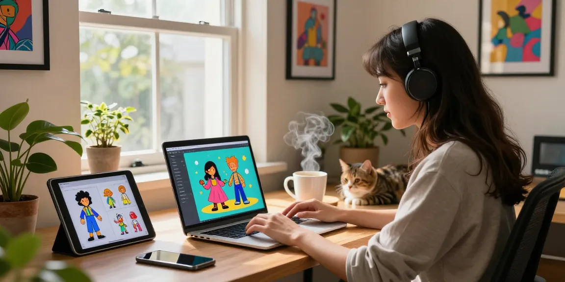 Engaging home office scene with crushon ia AI chat interaction on laptop, colorful animated characters, creative workspace.