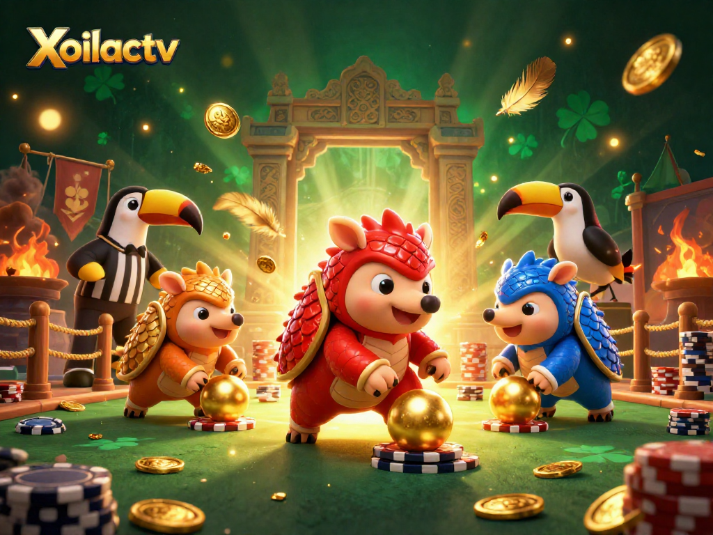 Xoilactv showcases rival pangolins competing in a lively casino atmosphere with poker chips and gold.
