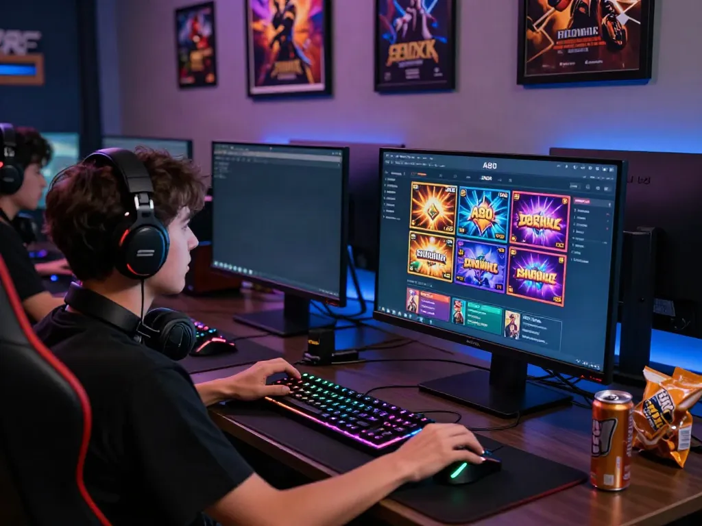 A dedicated gamer exploring the A80 slot information platform in a vibrant online gaming studio.