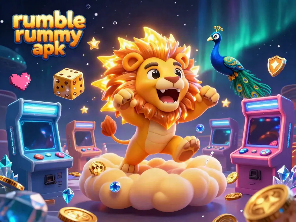 Play exciting Rumble Rummy APK with colorful casino elements and cartoon characters in a vibrant scene.