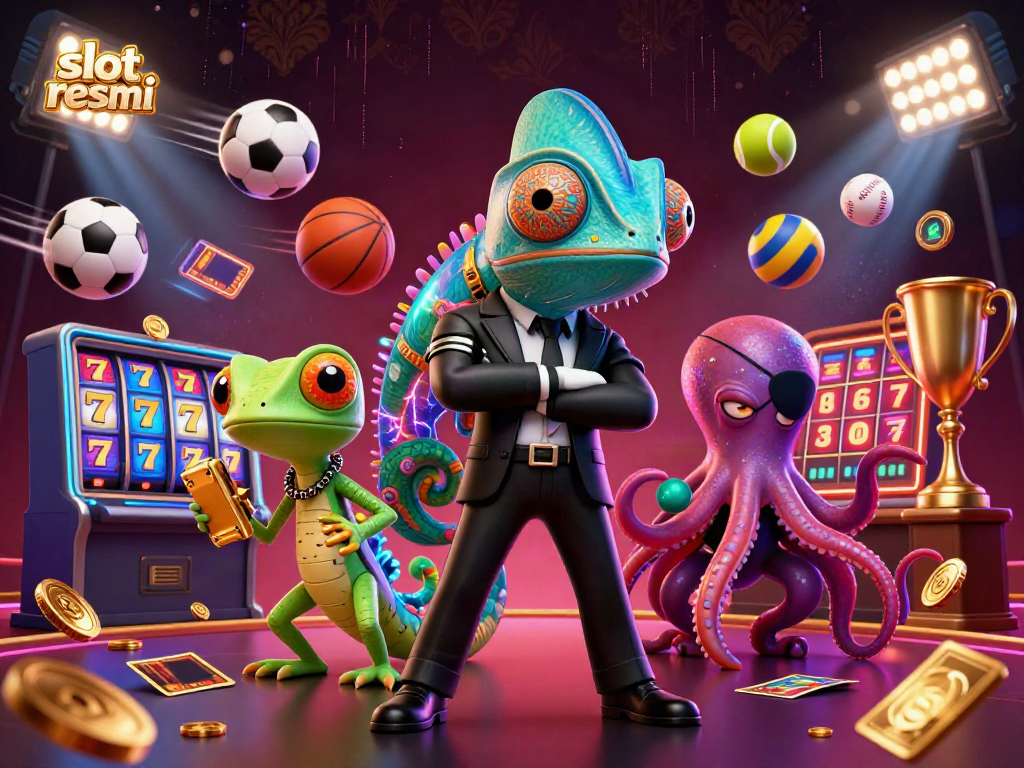 Engaging casino scene showcasing slot resmi with a vibrant agent chameleon, gadget gecko, and octopus amidst flying sports elements.