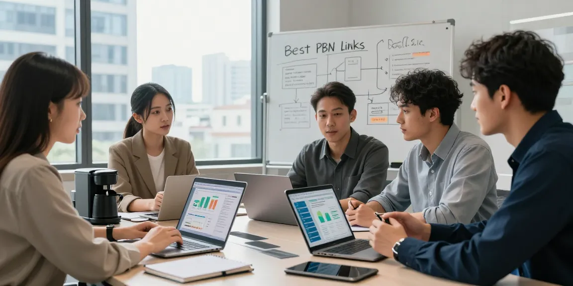 Marketing team analyzing best PBN links in a modern office setting, showcasing collaboration and strategic discussion.