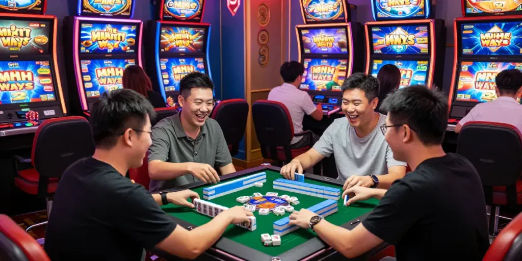 Permainan Mahjong Ways 2 di kasino dengan pemain bersemangat dan mesin slot cerah.