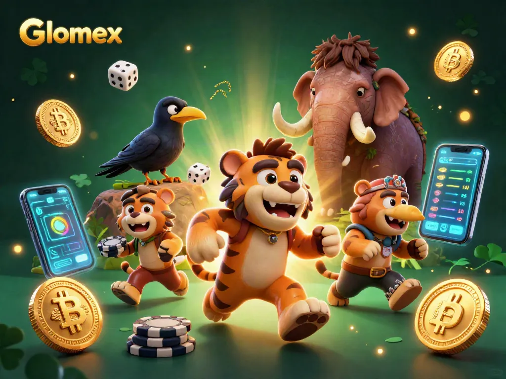 Witness Glomex gaming action in a vibrant prehistoric casino with dynamic elements and crypto themes.