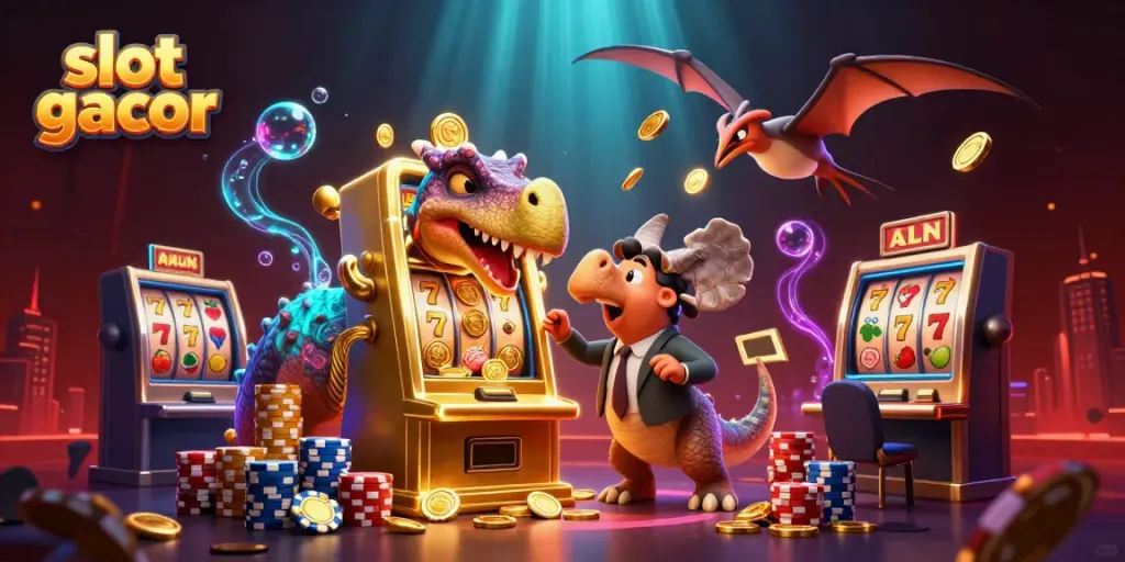 Permainan slot gacor dengan pachycephalosaurus dan ankilosaurus di kasino yang penuh koin emas.