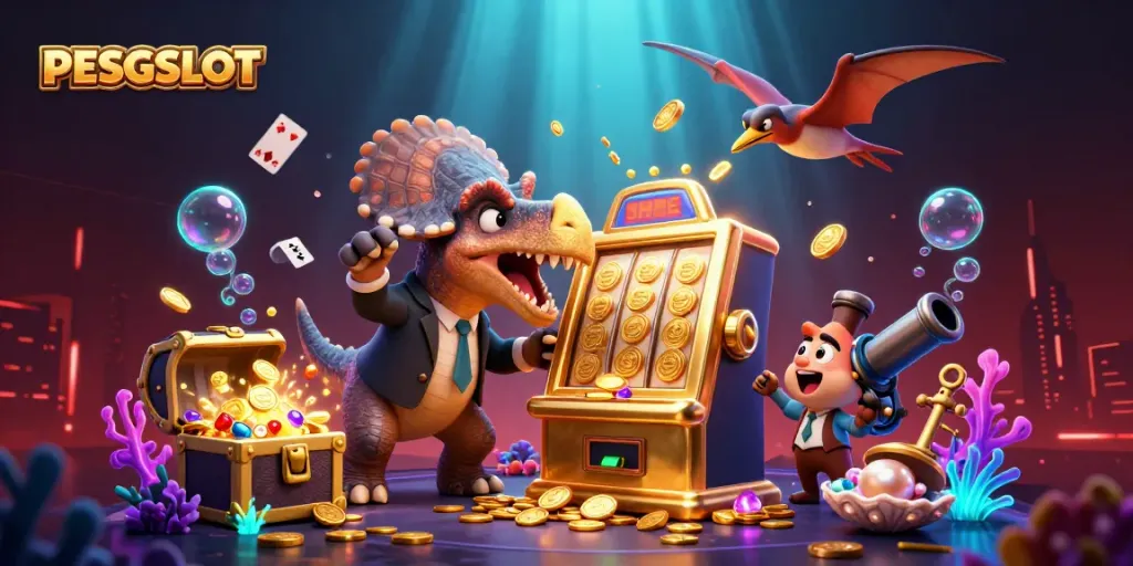 Permainan PESGSLOT menarik perhatian dengan dinosaurus bermain mesin slot berkilau.