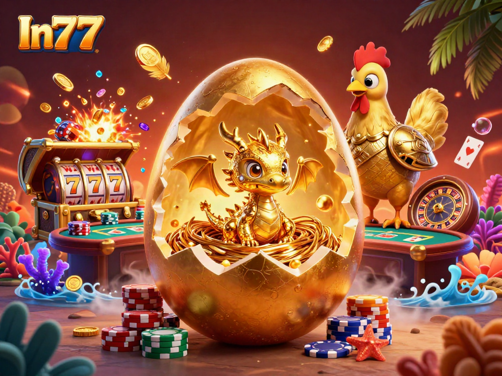 Engage with In777's vibrant golden dragon and poker chips amidst chaotic casino energy.