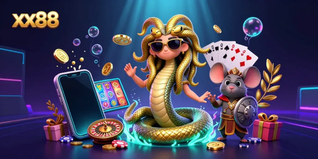 Experience the fun of slots with xx88 in a lively 3D illustration featuring Medusa, a warrior mouse, and exciting gaming elements.