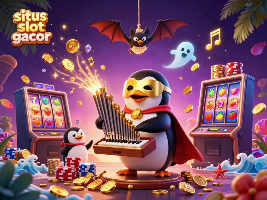 Gambaran situs slot gacor dengan penguin beraksi menyemprotkan koin emas dari pipa organ
