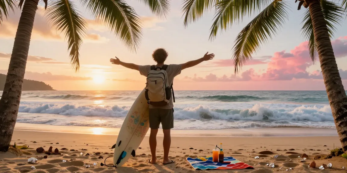 Pemandangan pantai di https://miami4d.com/ saat matahari terbit, wisatawan merentangkan tangan menikmati angin laut.