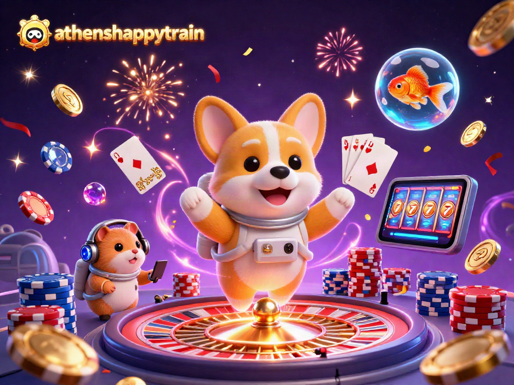 Athenshappytrain: Experience the excitement of a virtual casino with vibrant characters and dynamic gaming elements.