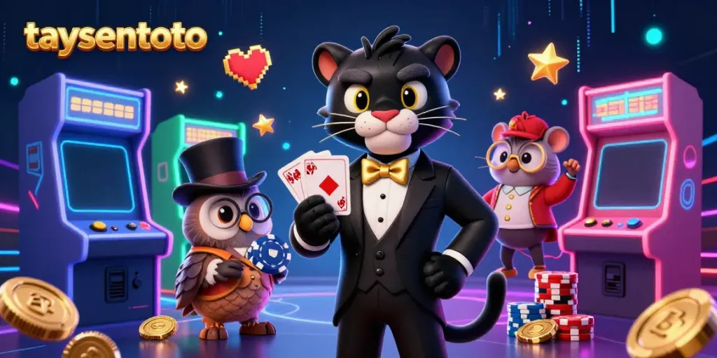 Taysentoto brings excitement with a stylish panther dealer, owl, and mouse in a vibrant casino scene.
