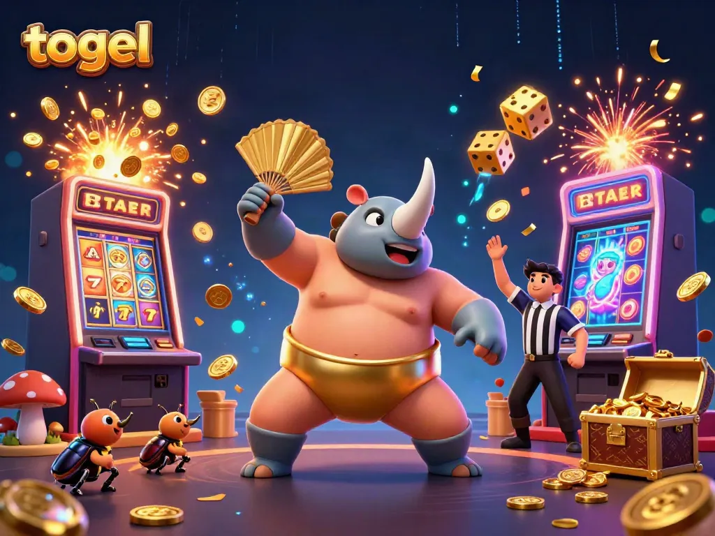 Experience the excitement of togel with a vibrant 3D scene featuring a sumo champion beetle and casino elements.