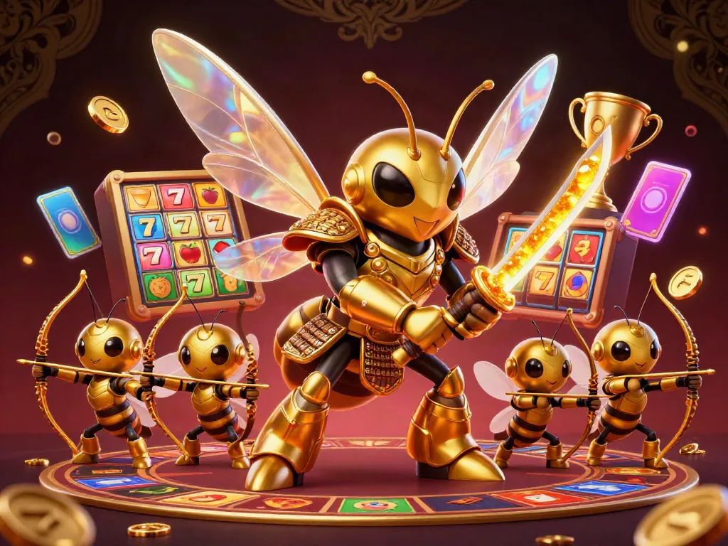 Experience the excitement of Sun Win with a vibrant 3D casino scene featuring a golden samurai hornet and engaging slot games.