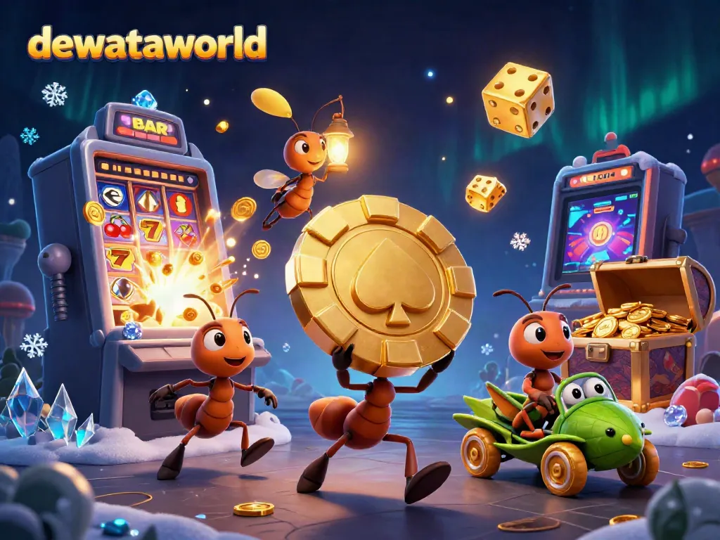 Pemain ant bersiap melakukan aksi perjudian di dewataworld dengan chip poker emas raksasa di tengah latar slot 3D