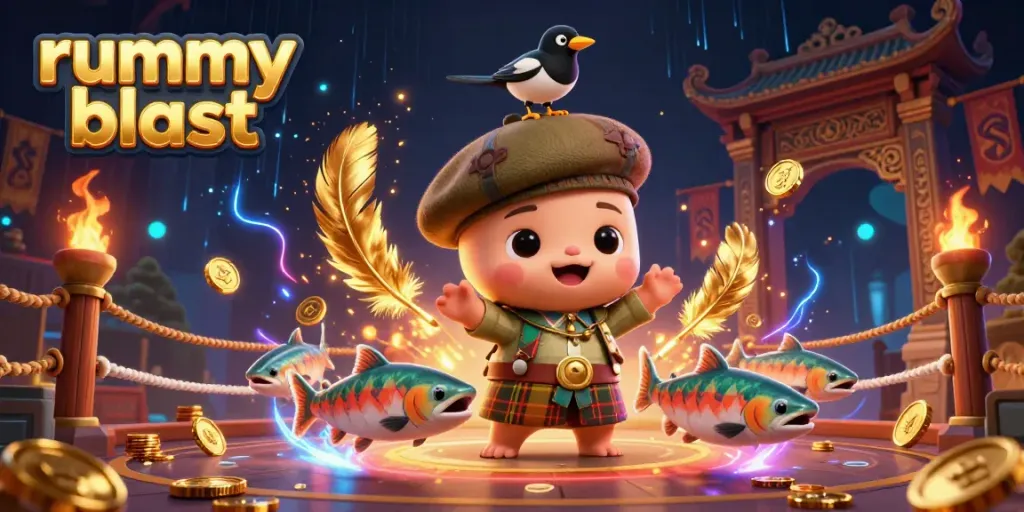 Engage with the vibrant rummy blast gameplay, featuring dynamic characters, gold coins, and exciting game elements.