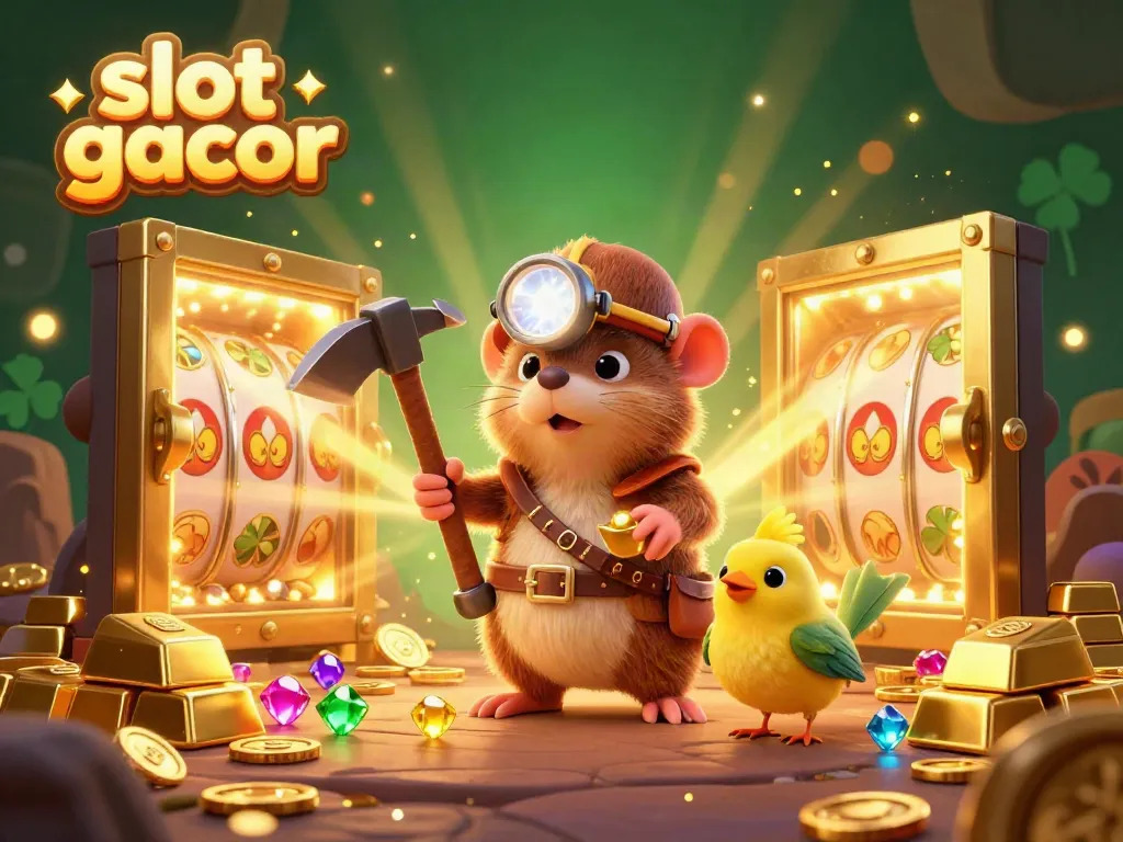 Experience the thrill of slot gacor with a treasure hunter mole, slot reels, and dazzling gems in a vibrant casino setting.