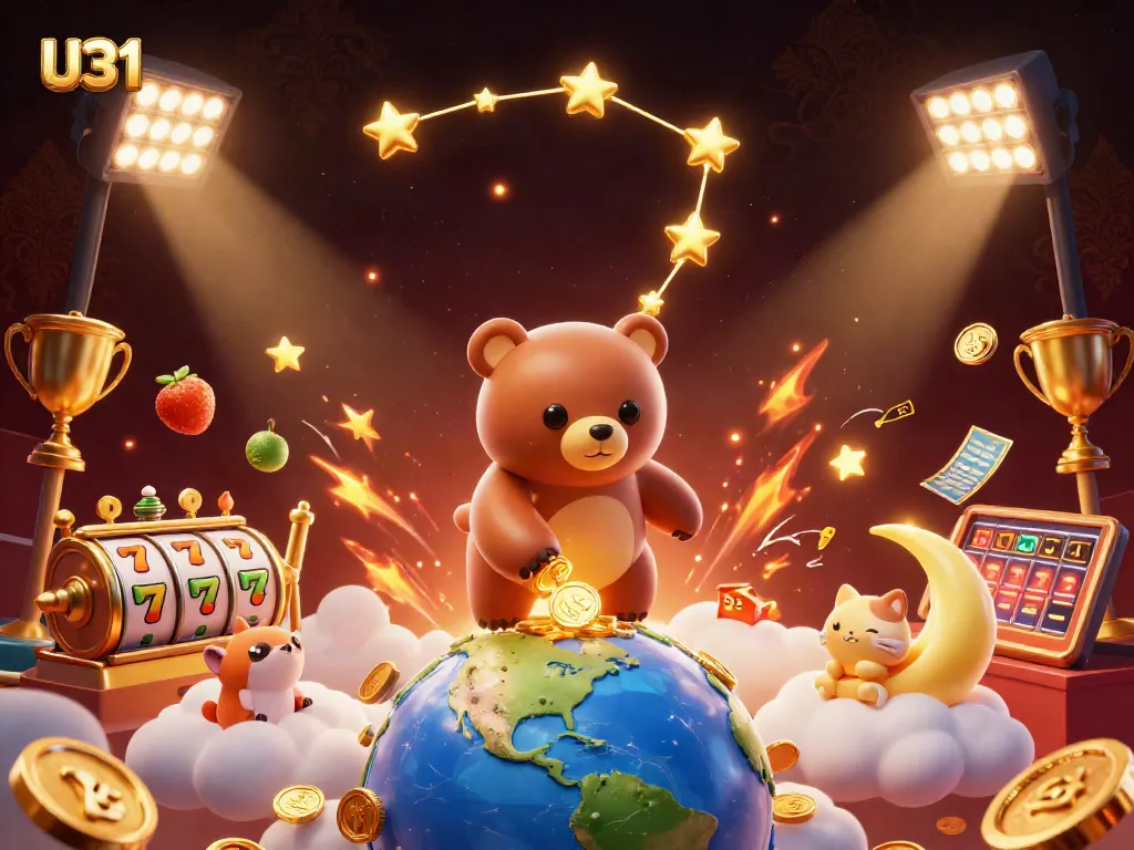 Experience U31 excitement with a dynamic casino-themed illustration showcasing stellar characters and vibrant gaming elements.