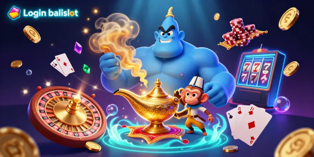 Engage in thrilling gaming with Login balislot featuring a genie, magic carpet, and casino elements.
