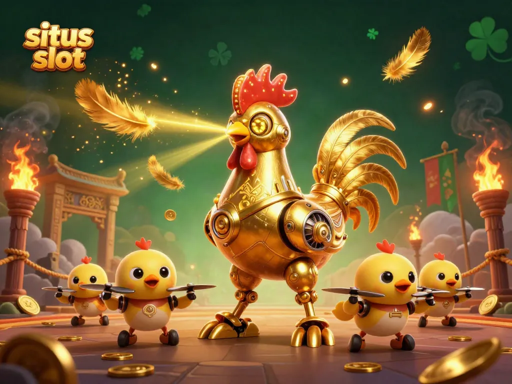 Nikmati pengalaman bermain situs slot terbaik dengan ilustrasi robot ayam emas futuristik dan simbol permainan yang menghibur.