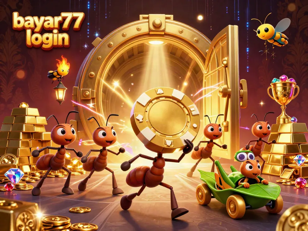 Engaging scene of ants in a heist carrying a giant poker chip, representing bayar77 login.