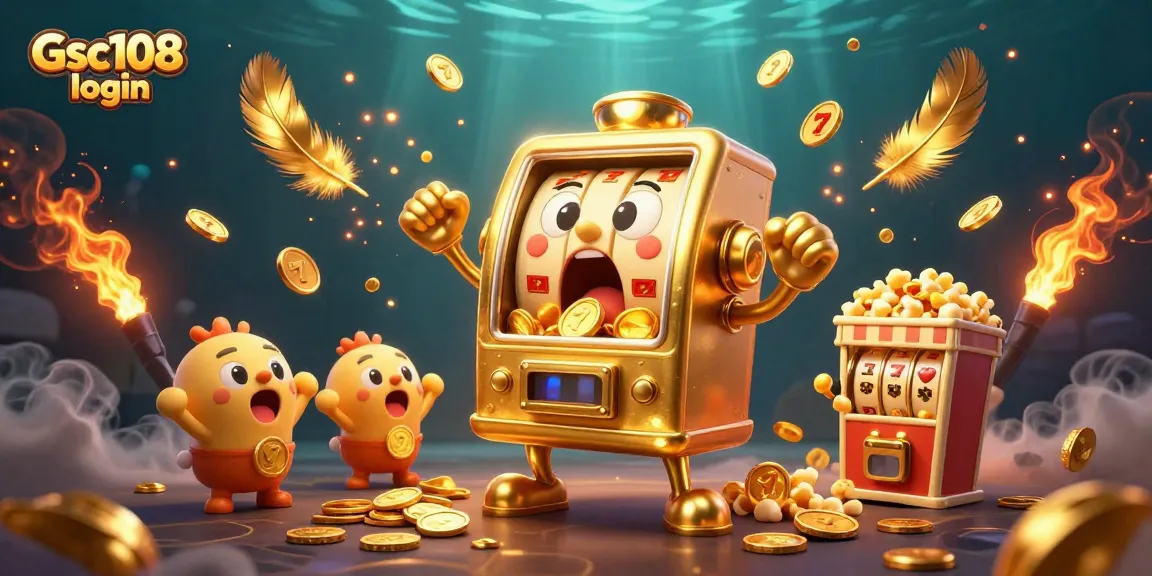 Experience Gsc108 login with dynamic slot action, featuring a joyous golden slot machine celebrating a jackpot.