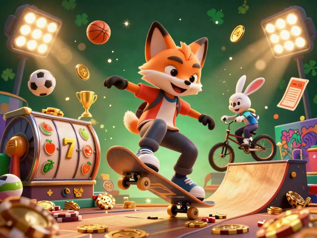 Permainan slot apk slot yang mengasyikkan dengan karakter kartun melakukan aksi keren, dikelilingi elemen kasino.