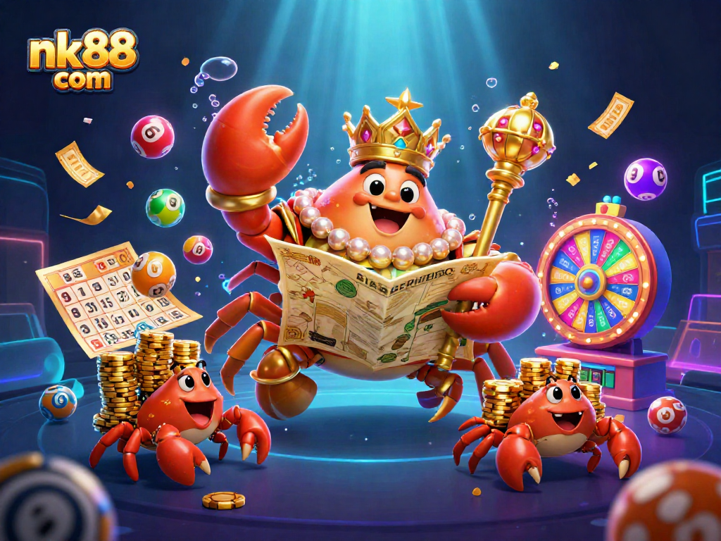 Win big at nk88 com with a dynamic scene of a golden crab emperor and lottery elements