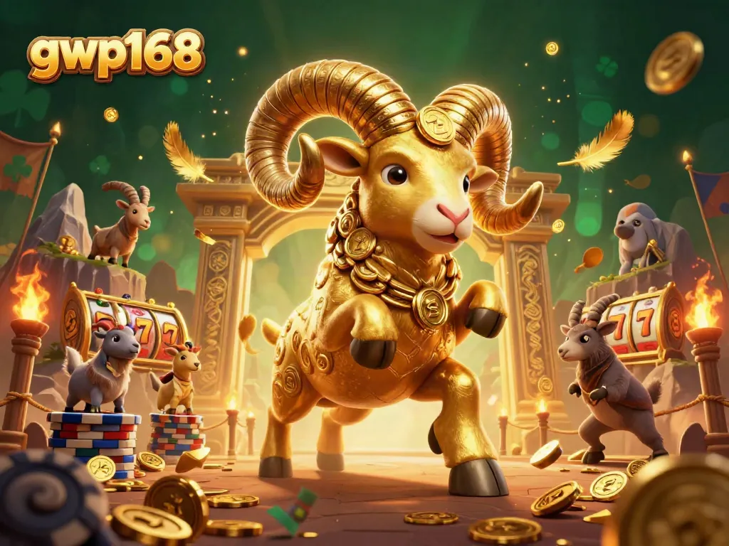 GWP168 menghadirkan ram emas beraksi di arena judi, dikelilingi elemen slot dan koin emas.
