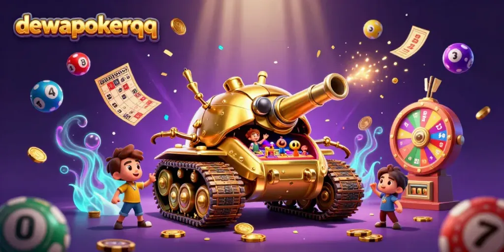 Experience vibrant gameplay at dewapokerqq with a dynamic casino tank scene, confetti, and exciting lottery elements.