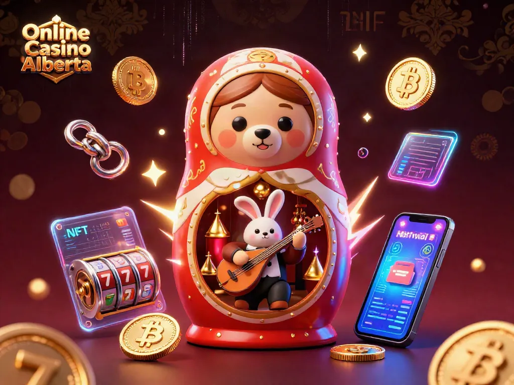 Engaging scene of Online Casino Alberta showcasing vibrant characters and crypto elements in a rich 3D illustration.