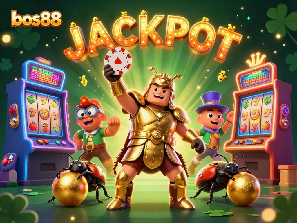 Join the excitement at bos88 with a joyful beetle celebrating jackpot wins in this vibrant casino scene.