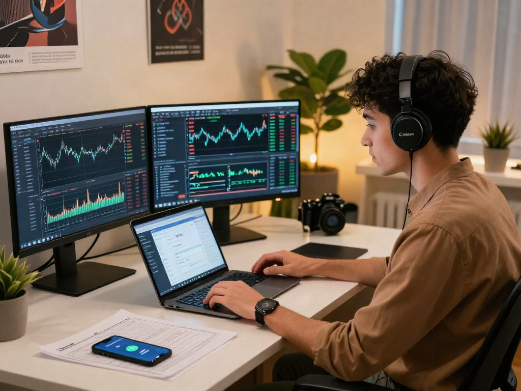 Engaged trader viewing depo 10k on multiple screens in a modern office.