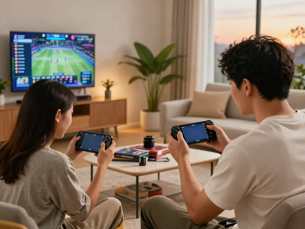 People enjoying yono games on smartphones in a cozy living room with a gaming tournament leaderboard.