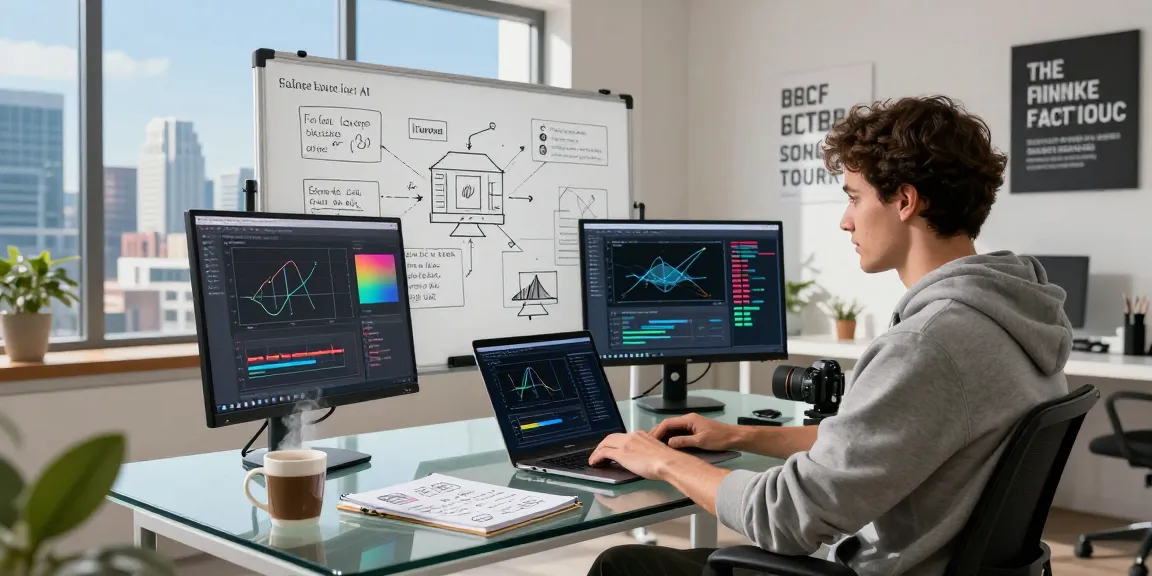 Workspace featuring a developer working on generative AI projects with dual monitors showing colorful outputs and a tech city view.