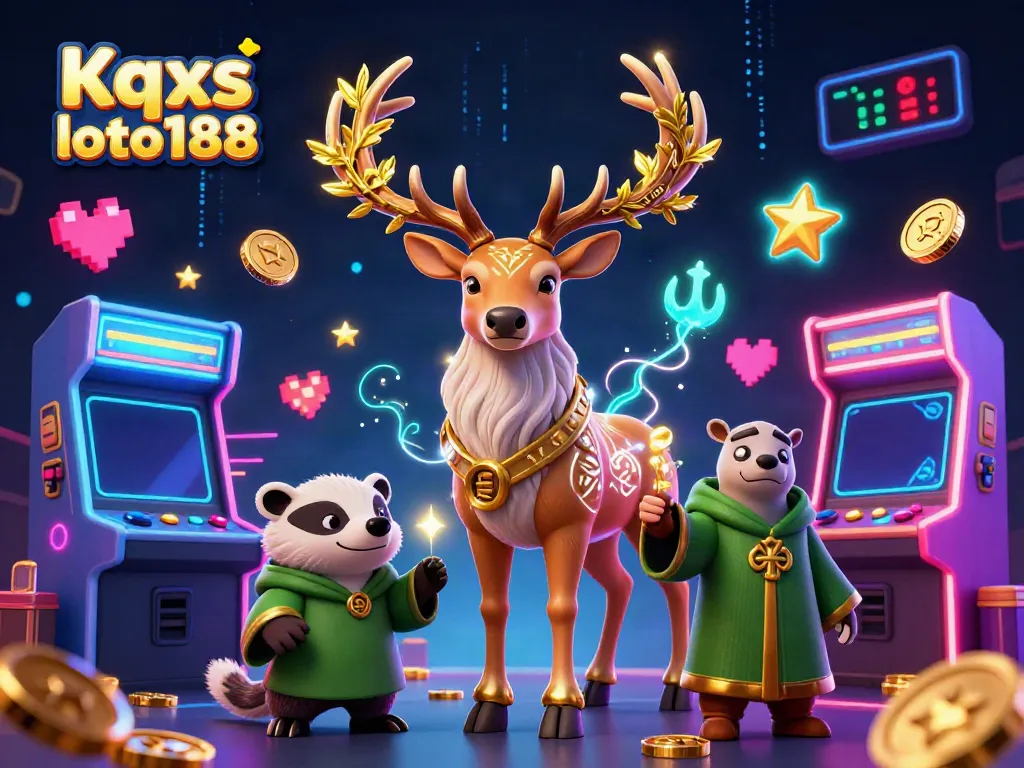 Kqxs loto188 showcases a lively 3D illustration of a Celtic druid stag and badger, surrounded by vibrant gaming elements.