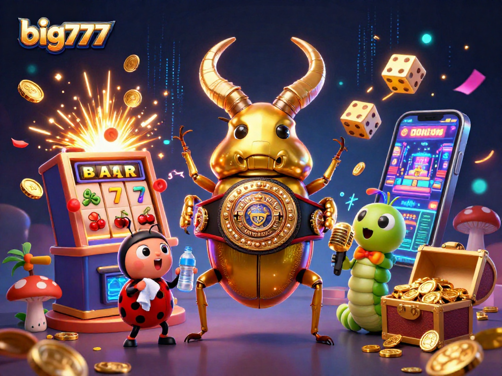 Engage with big777's thrilling casino adventures featuring a vibrant illustration of slot machines and gaming characters.