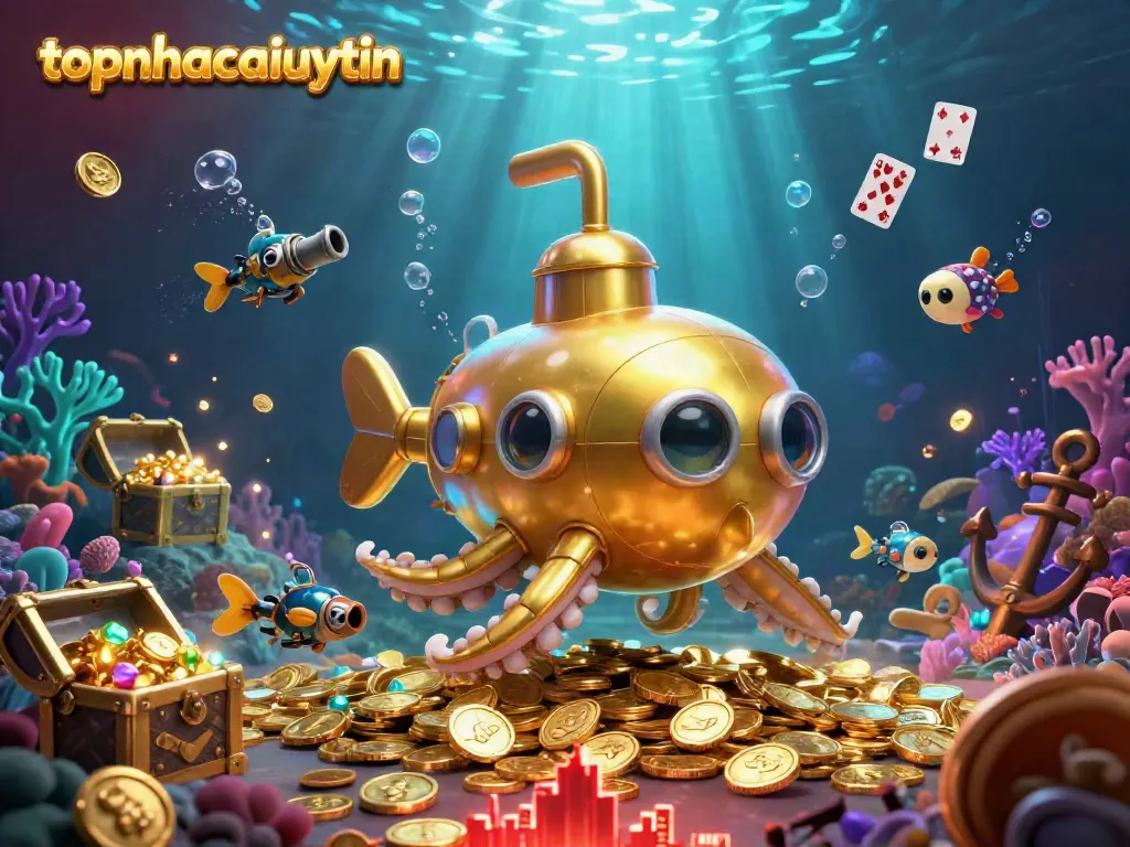 Engage with topnhacaiuytin's thrilling underwater casino adventure featuring vibrant golden kraken and gold coins.