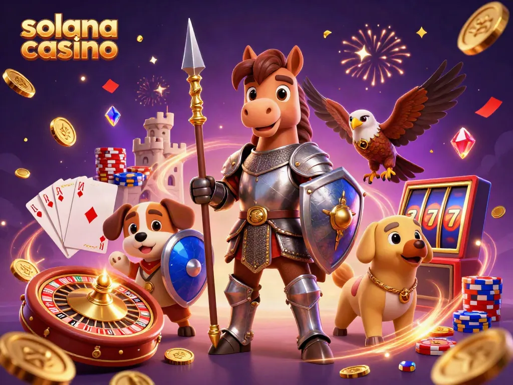 Experience the excitement of Solana Casino with a thrilling scene of medieval characters intertwined with vibrant gambling elements.