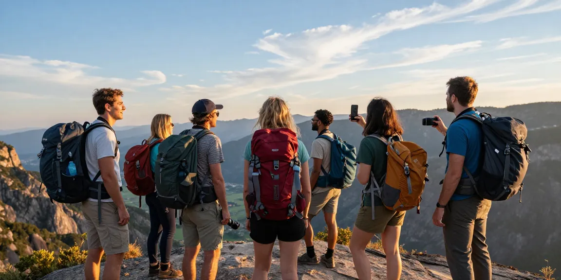 Group of travelers enjoying adventure while kunjungi halaman scenic viewpoint during golden hour