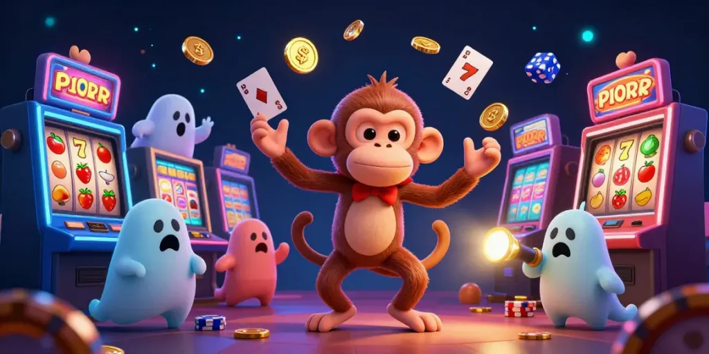 Experience the thrill of สล็อต in a thrilling casino scene with a playful monkey and a curious puppy.
