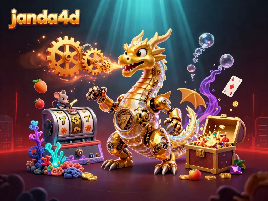JANDA4D menawarkan pengalaman kasino dengan naga emas mekanis dan simbol slot yang berkilauan.