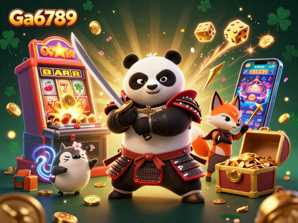 Ga6789 showcases a dynamic 3D illustration of a samurai panda and ninja fox in a casino explosion.
